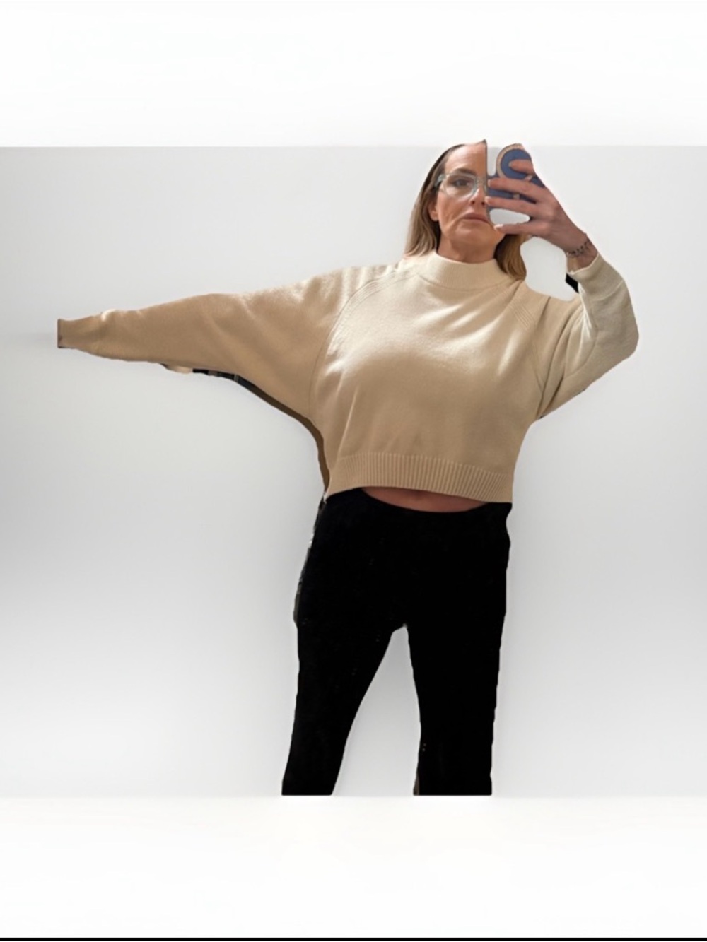 Express Cream Cropped Funnel Neck Sweater